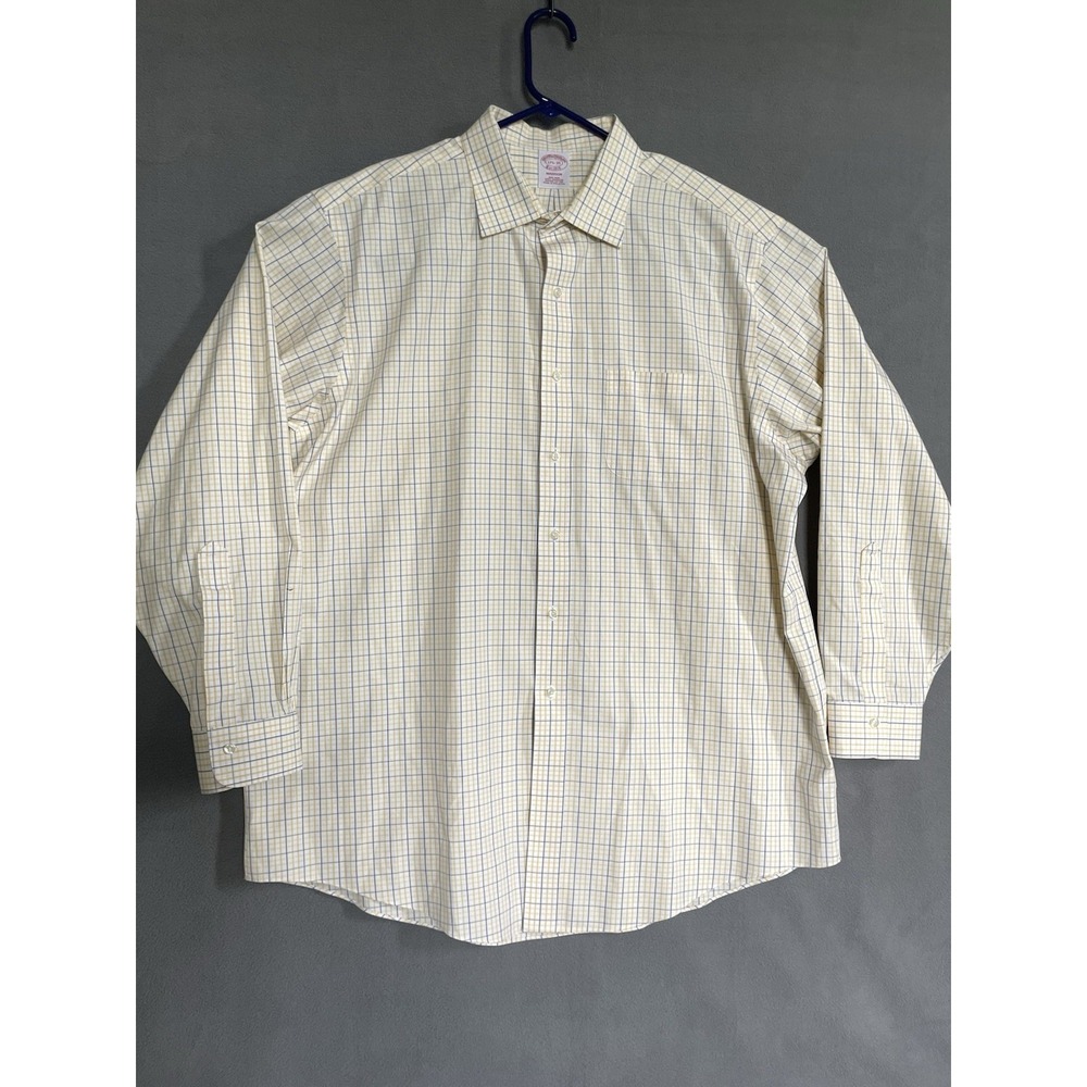 Brooks Brothers Men Button Up Madison Fit Yellow Plaid‎ Supima Cotton 17.5-35
